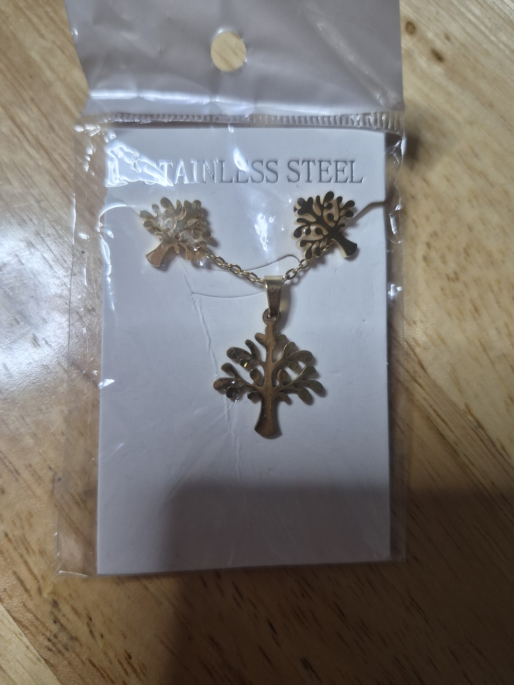Gold Tree of Life Stainless Steel Pendant Necklace and Earrings Set
